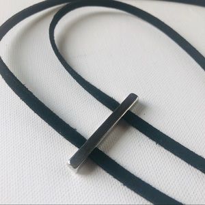 Black Lariat Necklace Suede Strip & Silver Accents